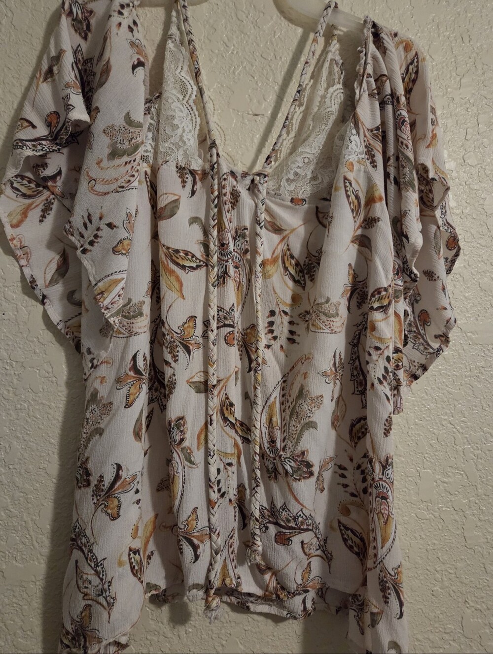 Boho Paisley Lace-Trim Women's Off The Shoulder Top in Cream and Mustard. PTP 20